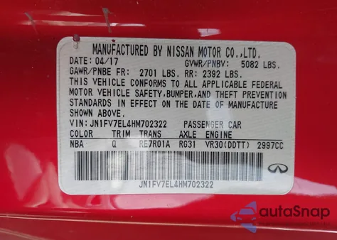 2017 Infiniti Q60 3.0T Red Sport 400 z USA, uszkodzony, nr VIN JN1FV7EL4HM702322